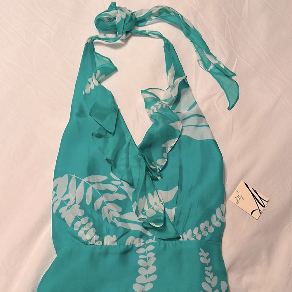 NWT Milly Turquoise Silk Dress with White Floral Design Size 8